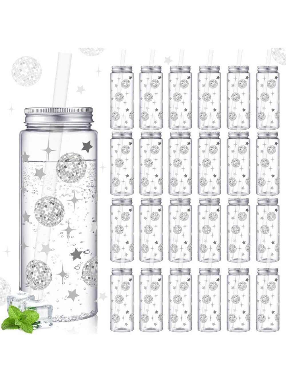 24 Pcs Disco Ball Cups - Reusable Party Tumblers with Straws & Lids for